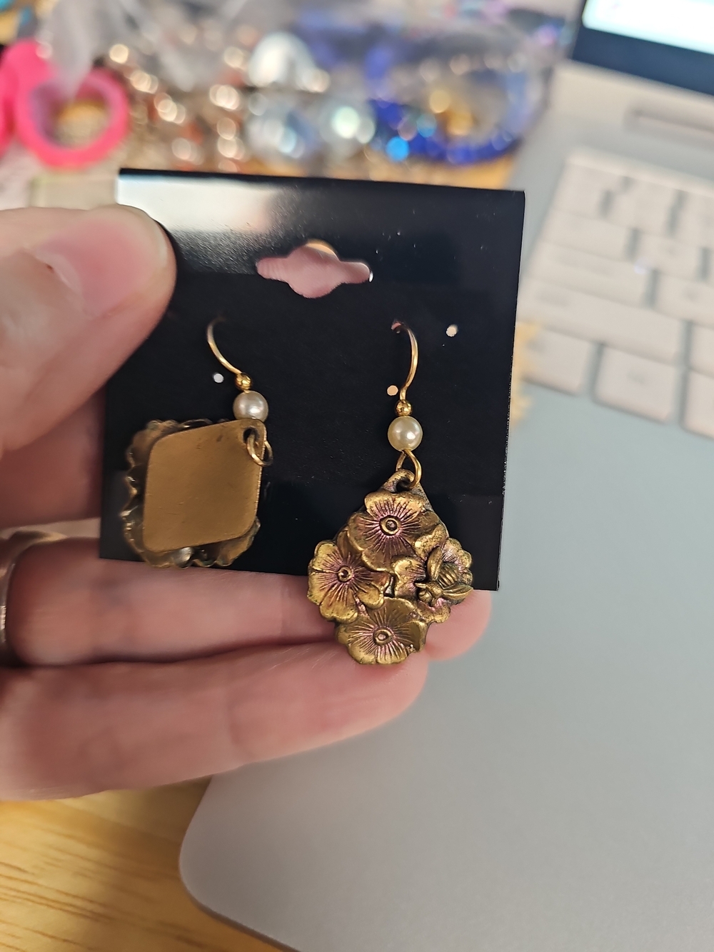 Copper Tone Floral Drop Earrings with Pearl Accent